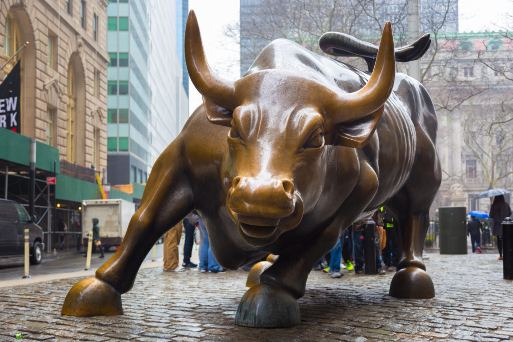 A photo of the charging bull statue on Wall Street